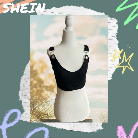 💝 Preowned Shein Black Crop Top Tank Top Shirt - Extra Small - Picture 1 of 7